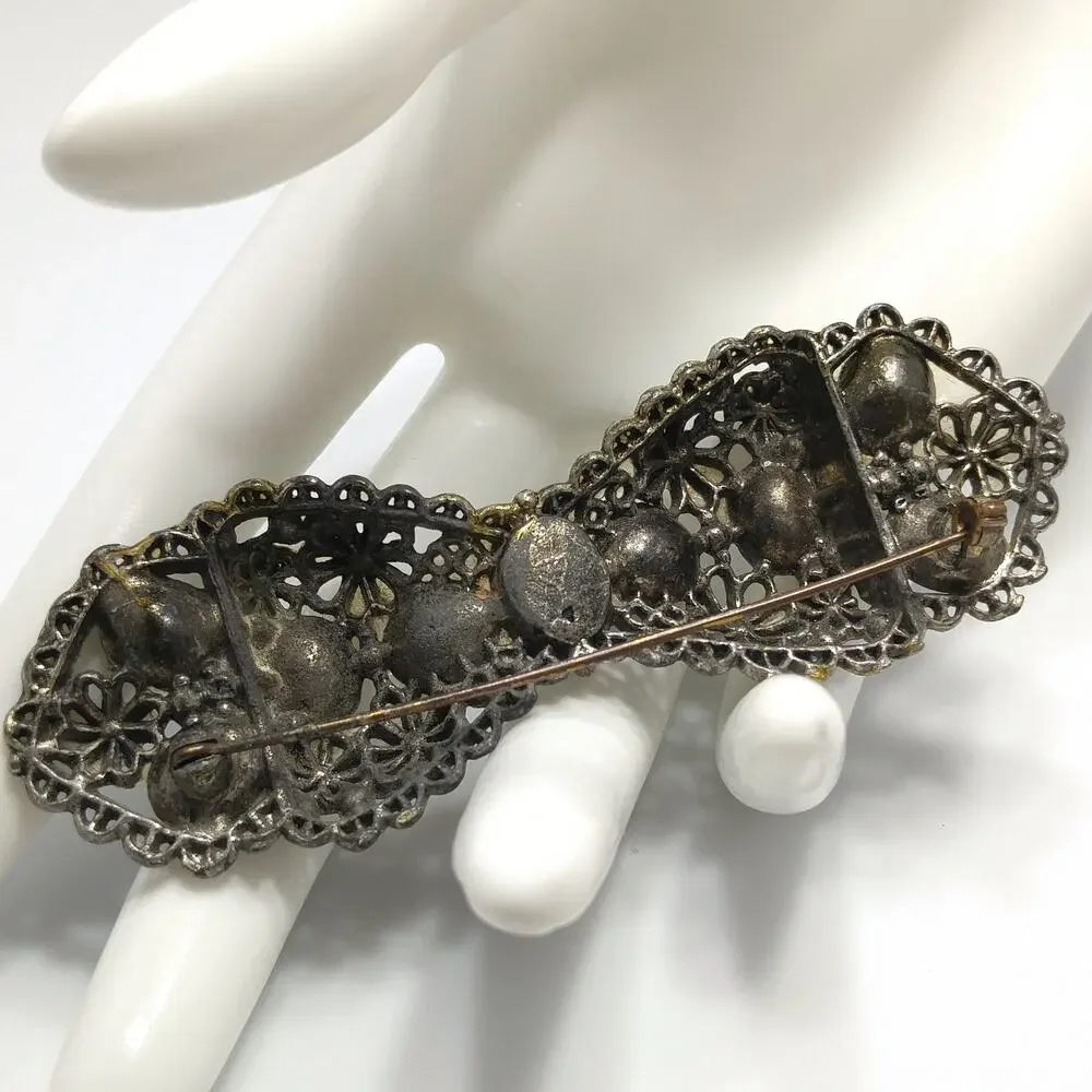 Vintage Rhinestone Floral Bow Brooch, Filigree Flowers, 1930s Jewelry